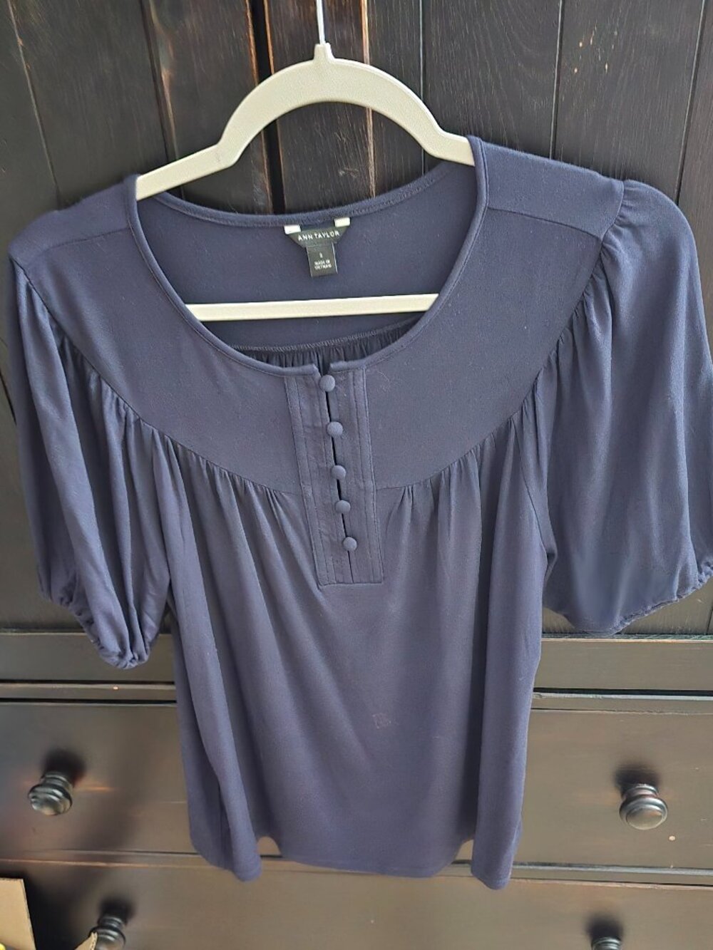 Ann Taylor puff short sleeve blouse navy blue small EUC